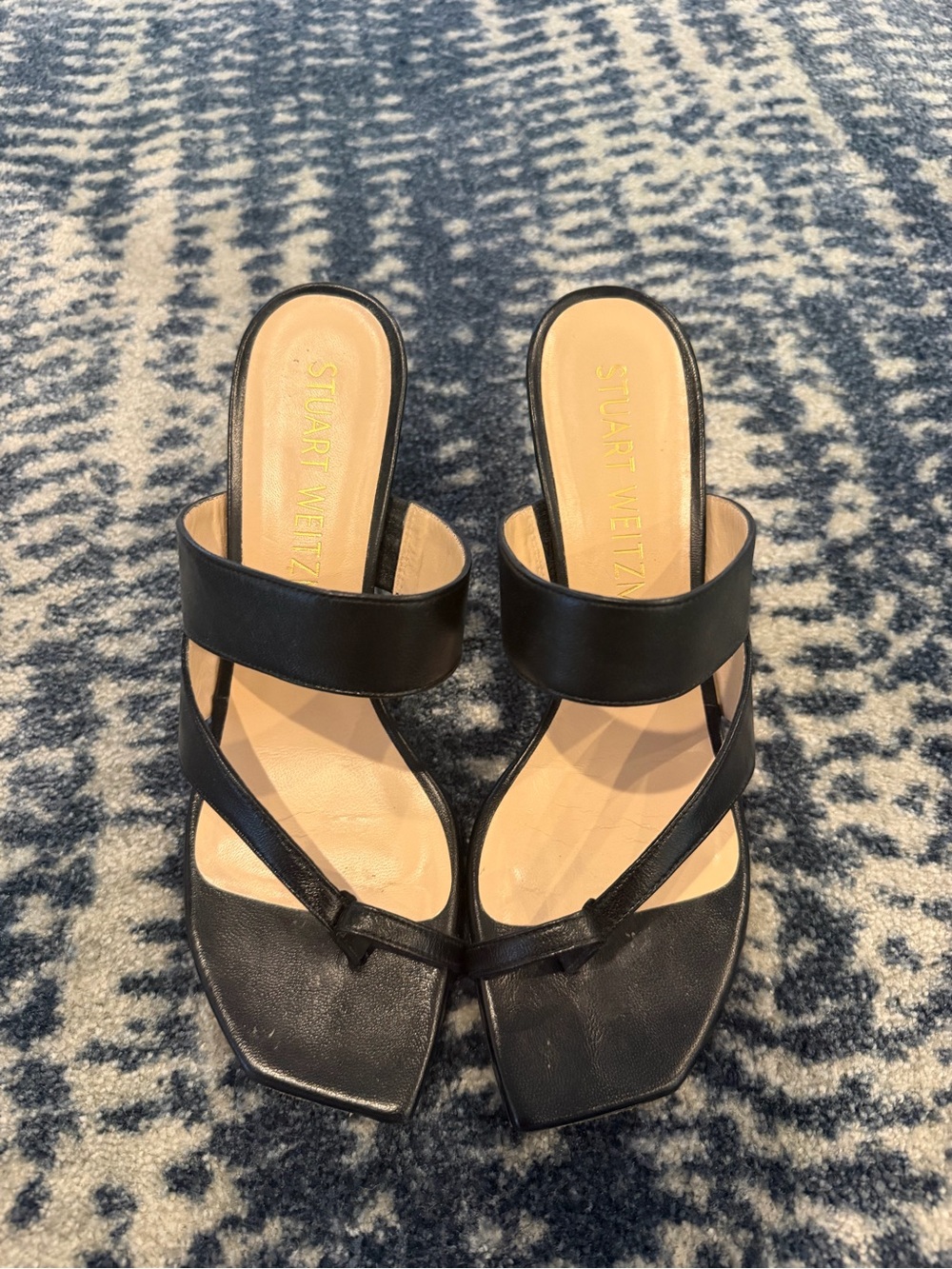 Stuart Weitzman Black Leather Double-Strap Mules
